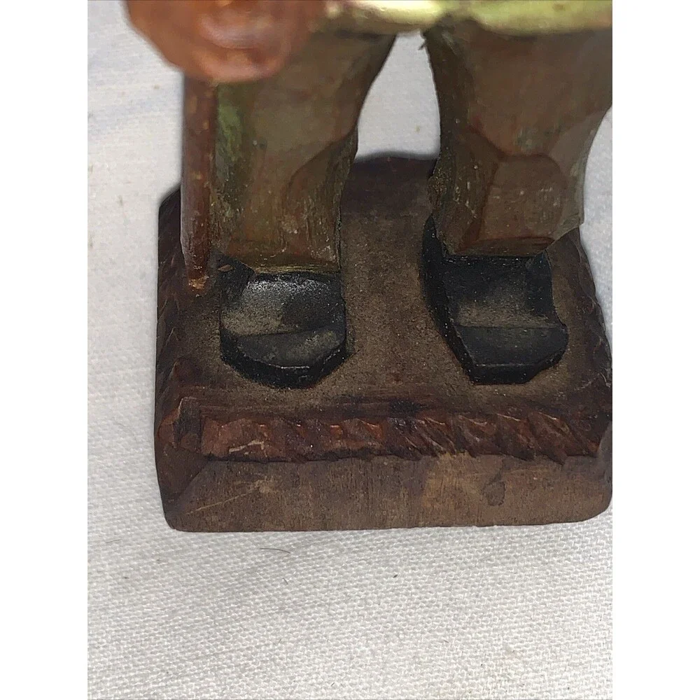 Vintage Hand Carved Wooden Man FolkArt Villager Figurine Top Hat Cane ANRI Style